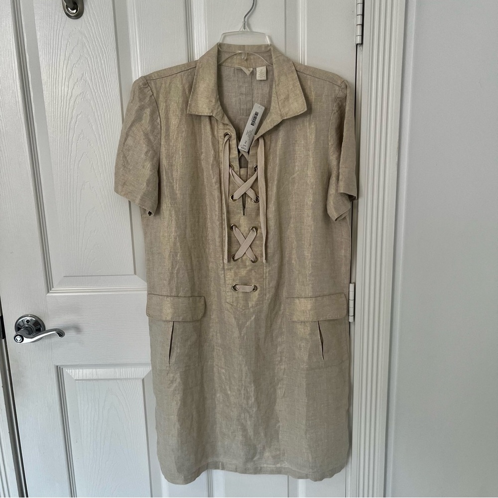 NWT CHICO’S Foiled Linen Lace Up Short Linen Sack Dress Solid Gold | 2